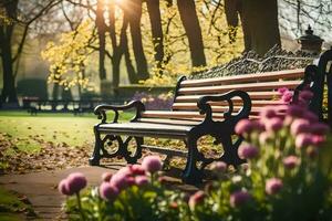 een park bank met tulpen in de achtergrond. ai-gegenereerd foto