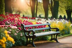 een park bank in voorkant van een tuin met bloemen. ai-gegenereerd foto