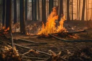 een Woud brand in de midden- van een Woud. ai-gegenereerd foto