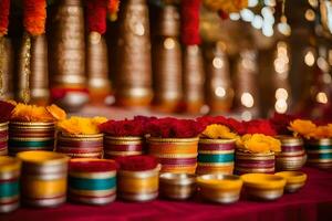 Indisch bruiloft decor met kleurrijk bloemen. ai-gegenereerd foto