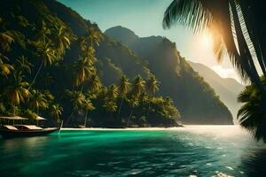 tropisch eiland met palm bomen en een boot. ai-gegenereerd foto