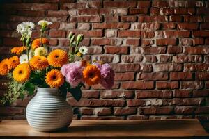 een vaas van bloemen Aan een tafel in voorkant van een steen muur. ai-gegenereerd foto