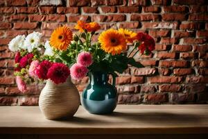 twee vazen van bloemen Aan een tafel in voorkant van een steen muur. ai-gegenereerd foto