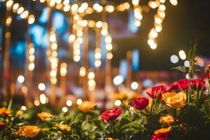 bloemen en lichten in de achtergrond Bij nacht. ai-gegenereerd foto