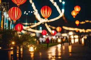 Chinese lantaarns en lichten in de nacht. ai-gegenereerd foto