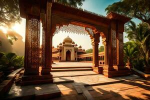 de zon is schijnend Aan een tempel in Indië. ai-gegenereerd foto