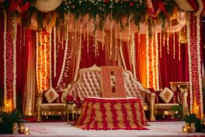 een Indisch bruiloft ceremonie met rood en goud decoraties. ai-gegenereerd foto