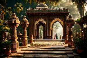 een mooi tempel in Indië met twee mensen wandelen door het. ai-gegenereerd foto