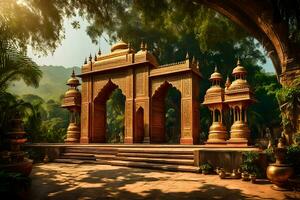 een Indisch tempel in de oerwoud met bomen en planten. ai-gegenereerd foto