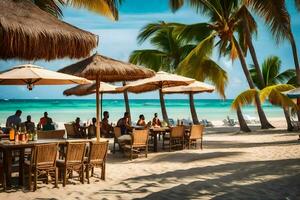 een strand met tafels en paraplu's Aan de zand. ai-gegenereerd foto