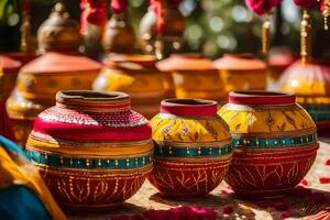 kleurrijk potten Aan Scherm Bij een Indisch bruiloft. ai-gegenereerd foto