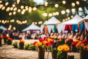 een bruiloft ontvangst met kleurrijk bloemen en tenten. ai-gegenereerd foto