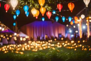 veel kleurrijk lantaarns hangen van de bomen Bij nacht. ai-gegenereerd foto