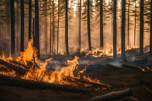 een Woud brand in de midden- van een Woud. ai-gegenereerd foto