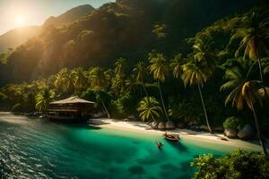 een tropisch eiland met palm bomen en een hut Aan de strand. ai-gegenereerd foto