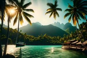 tropisch eiland met palm bomen en een boot. ai-gegenereerd foto