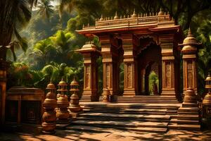 een beeld van een tempel in de oerwoud. ai-gegenereerd foto