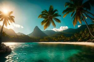 de zon schijnt Aan een tropisch strand met palm bomen en bergen. ai-gegenereerd foto