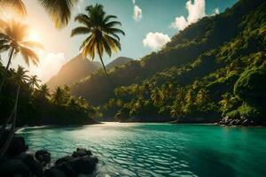 de zon schijnt over- een tropisch strand en palm bomen. ai-gegenereerd foto