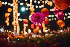 een bloem is in de centrum van een groep van kleurrijk ballonnen. ai-gegenereerd foto