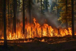 een Woud brand in de midden- van een Woud. ai-gegenereerd foto