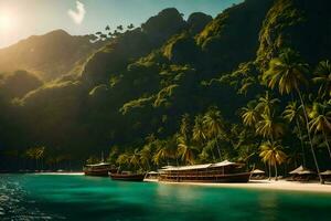 tropisch eiland met palm bomen en boten. ai-gegenereerd foto