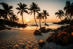 de zon sets over- een strand met palm bomen. ai-gegenereerd foto