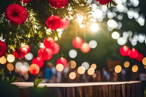 rood papier lantaarns hangende van bomen in de avond. ai-gegenereerd foto