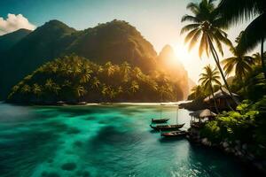 foto behang de zee, strand, palm bomen, boot, zonsondergang, de eiland, de strand. ai-gegenereerd