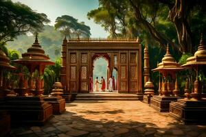 een tempel in de oerwoud met een gouden poort. ai-gegenereerd foto