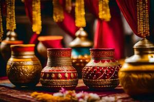 Indisch bruiloft decor met goud en rood decoraties. ai-gegenereerd foto