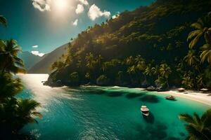 een boot is aangemeerd Aan een strand omringd door palm bomen. ai-gegenereerd foto