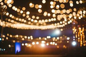 een bruiloft partij is onder een draad van lichten. ai-gegenereerd foto