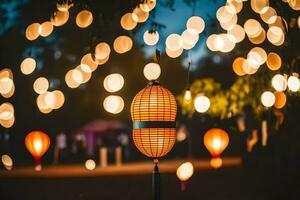 een draad van lichten en lantaarns hangende van bomen. ai-gegenereerd foto