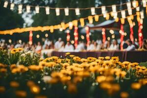 geel bloemen in de gras Bij een buitenshuis bruiloft. ai-gegenereerd foto