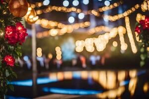 een bruiloft ceremonie met lichten en bloemen. ai-gegenereerd foto