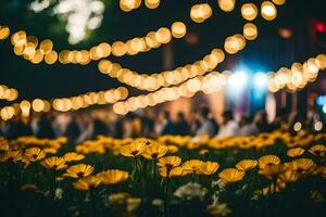 geel bloemen in de gras Bij nacht. ai-gegenereerd foto