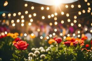 een tuin met bloemen en mensen in de achtergrond. ai-gegenereerd foto