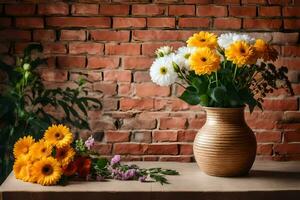 boeket van bloemen in een vaas Aan een tafel. ai-gegenereerd foto