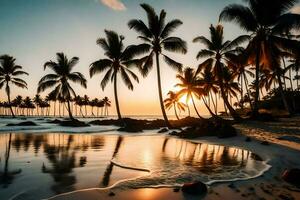 palm bomen Aan de strand Bij zonsondergang. ai-gegenereerd foto