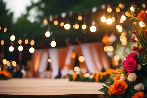 een bruiloft ceremonie met bloemen en lichten. ai-gegenereerd foto