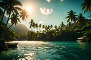 een tropisch eiland met palm bomen en een boot. ai-gegenereerd foto