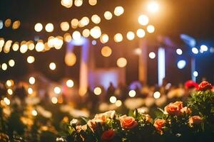 een bloem arrangement in voorkant van een stadium Bij nacht. ai-gegenereerd foto