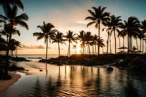 de zon sets over- palm bomen Aan de strand. ai-gegenereerd foto