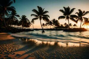 de zon sets over- de oceaan en palm bomen Aan een strand. ai-gegenereerd foto