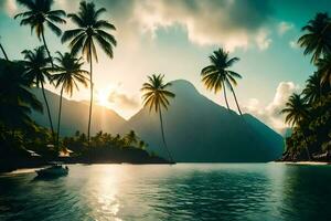 palm bomen Aan de strand Bij zonsondergang. ai-gegenereerd foto