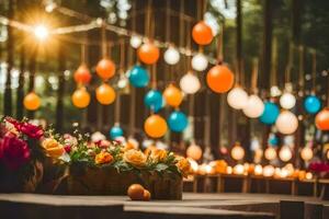 kleurrijk ballonnen en bloemen zijn hangende van bomen. ai-gegenereerd foto