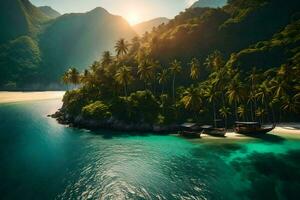 een eiland omringd door palm bomen en water. ai-gegenereerd foto
