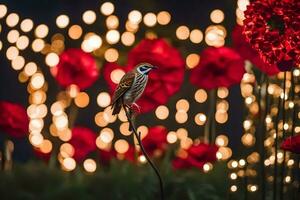 een vogel is neergestreken Aan een Afdeling in voorkant van een veld- van rood bloemen. ai-gegenereerd foto