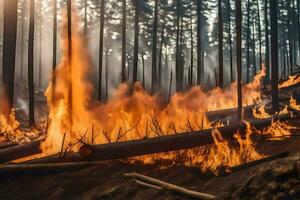 een Woud brand in de midden- van een Woud. ai-gegenereerd foto